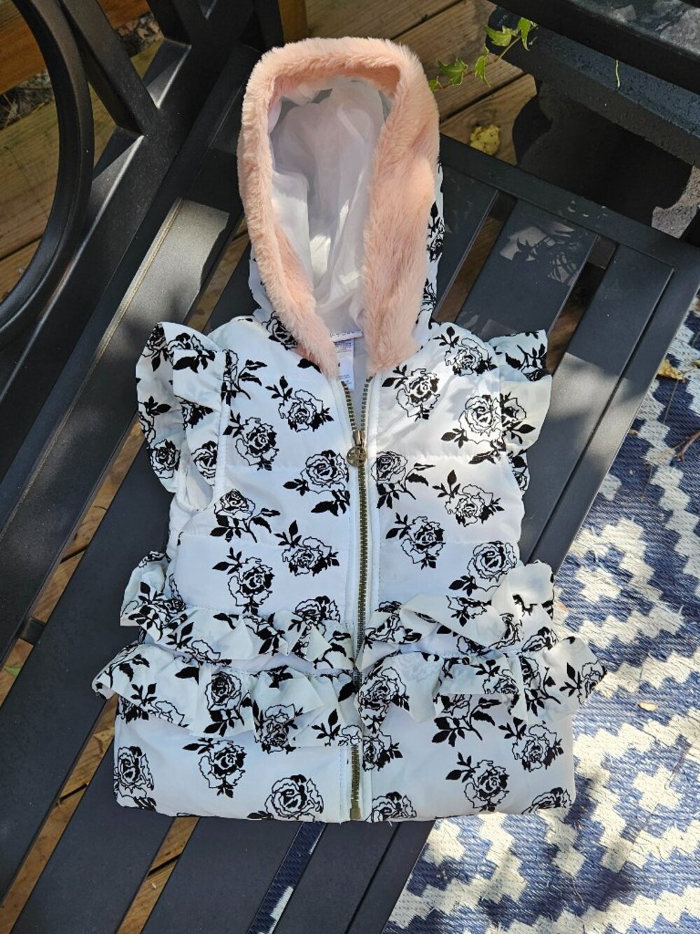 Nicole Miller White Puffer Vest with Pink Hood Trim and black embossed roses